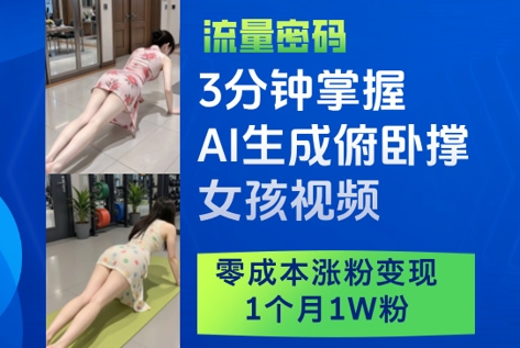 3分钟掌握AI生成俯卧撑女孩视频，零成本涨粉变现，1个月1W粉好项目网-专注分享网络创业项目落地实操课程 – 全网首发_高质量创业项目输出好项目网